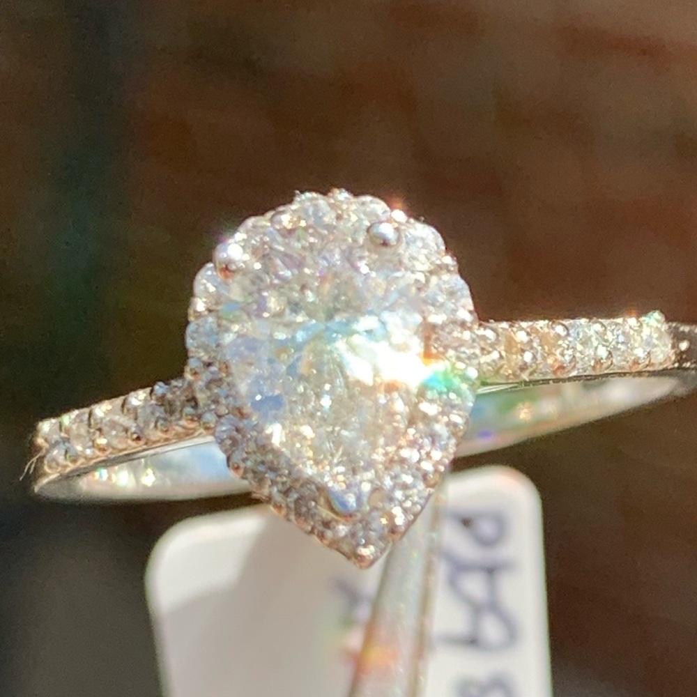Platinum Pear Cut Halo Diamond Ring - Picture 1 of 15